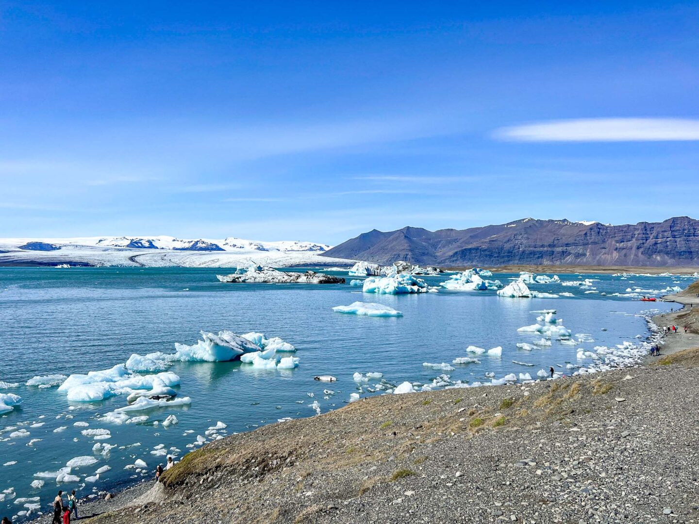 Iceland in May and June, blue skies over Jökulsárlón Glacier Lagoon