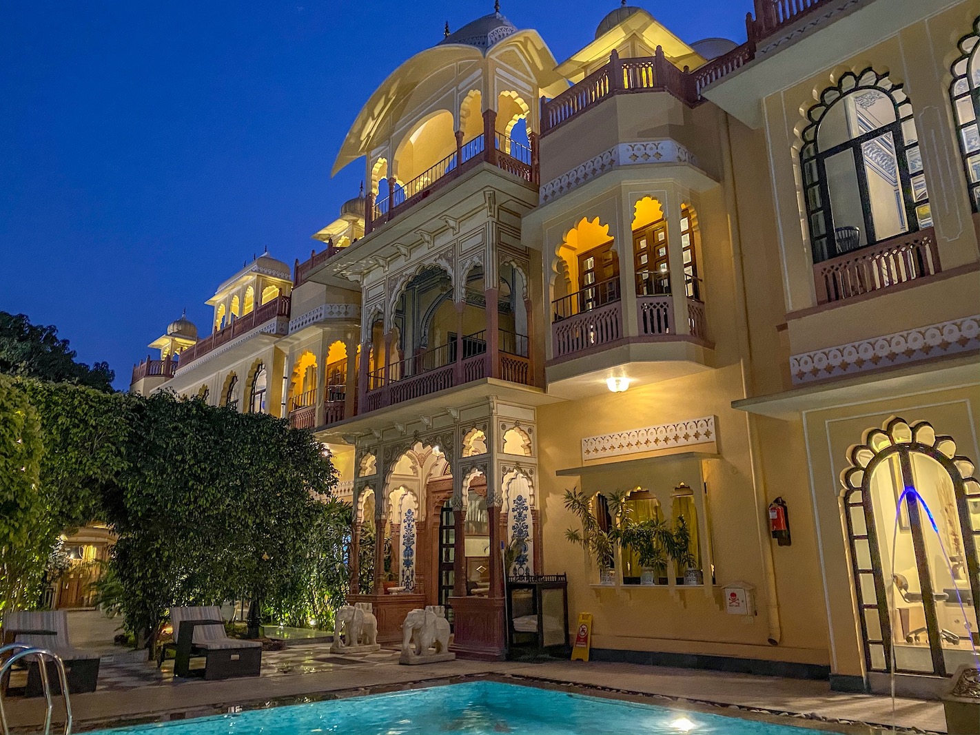 Golden Triangle India Itinerary, Shahpura House Hotel Jaipur from outside at night