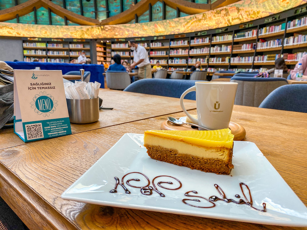 inside Nevmekan Sahil cafe library cake and coffee, best cafes in Istanbul