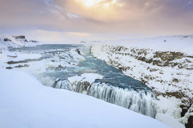 women's tour to iceland, Gullfoss waterfalls with snow