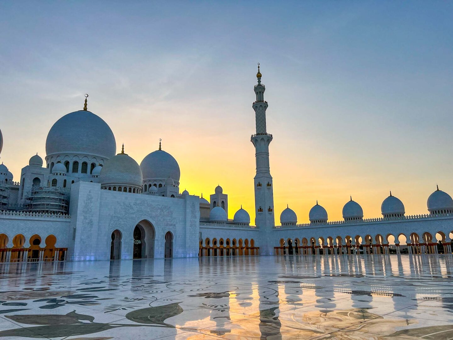 Sheikh Zayed Mosque with sunset skies, Visiting Sheikh Zayed Mosque,