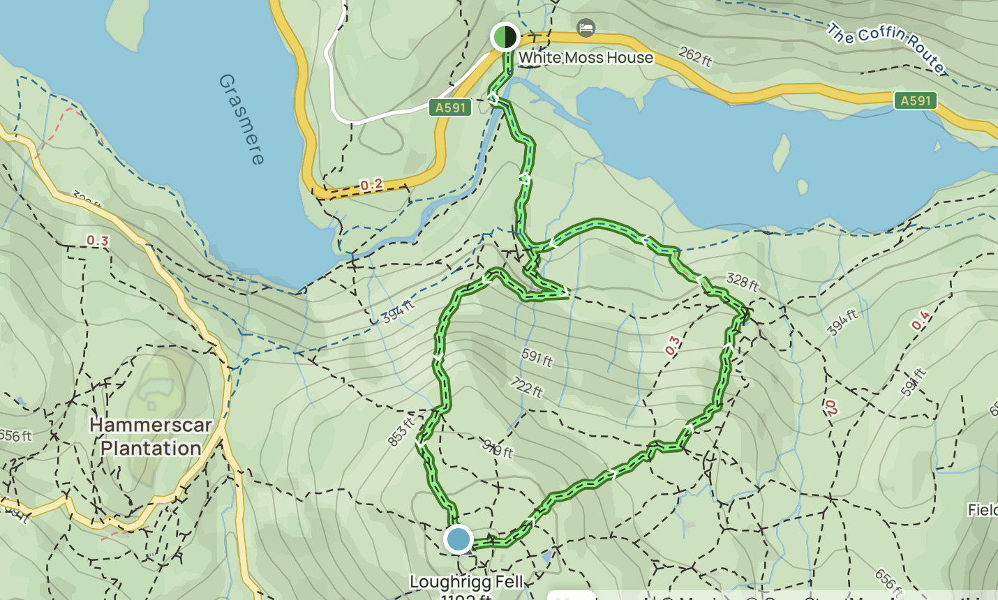 Rydal Caves Circular route map, Rydal Caves Walk