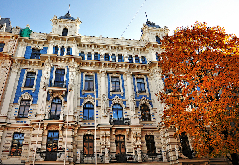 Things to do in Riga, Art Nouveau District in Riga with building and tree