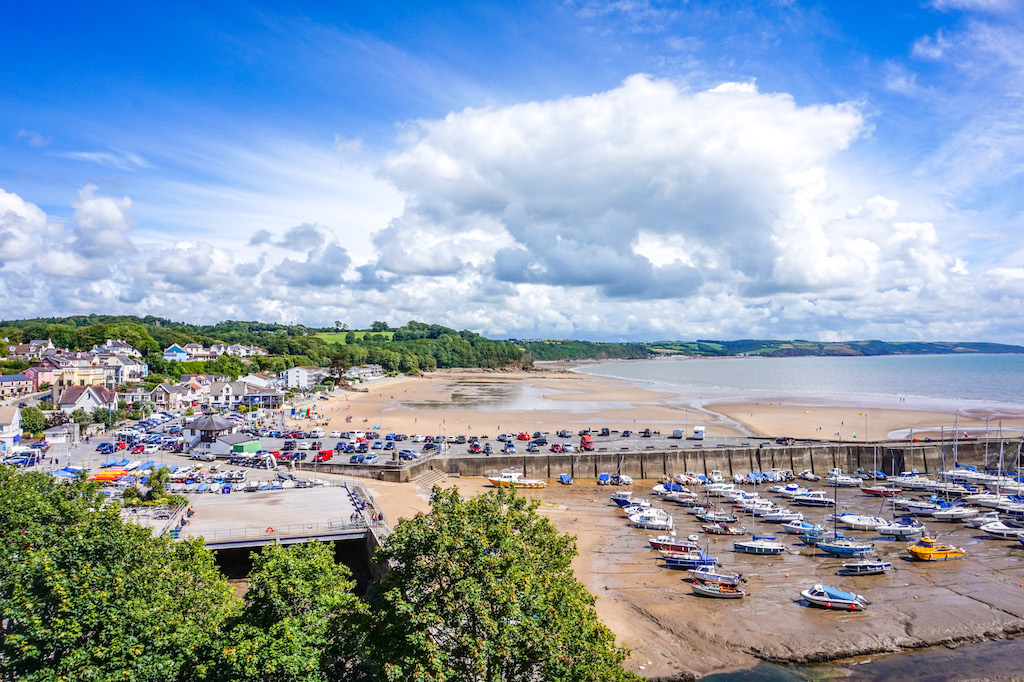 best beaches in South Wales, Saundersfoot Beach and Harbour with the tide out