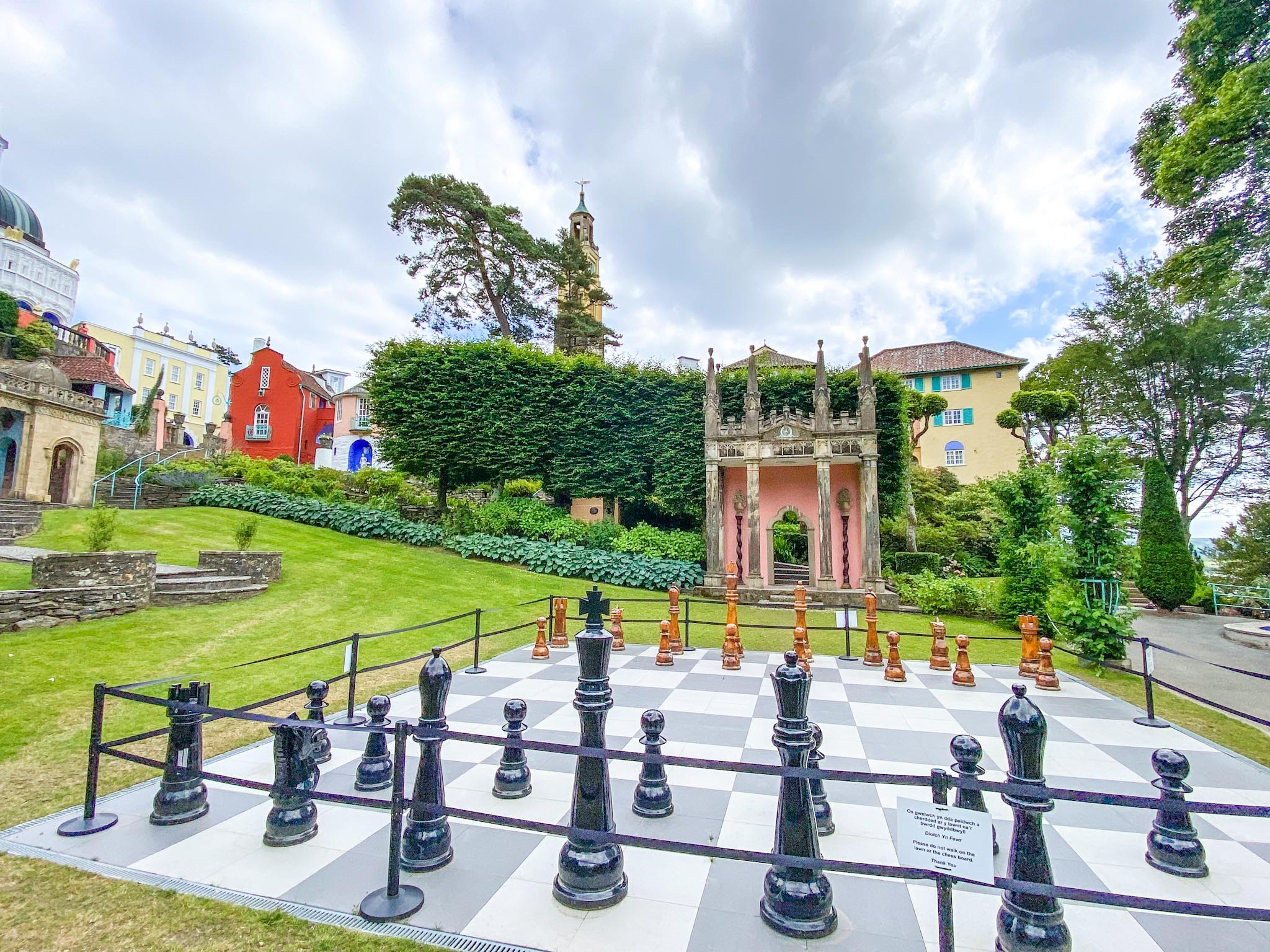 Visiting Portmeirion, large chess board and gardens at Portmeirion