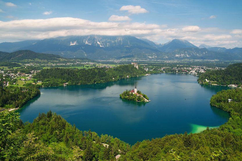 Best countries to visit in August, lake bled from above in summer