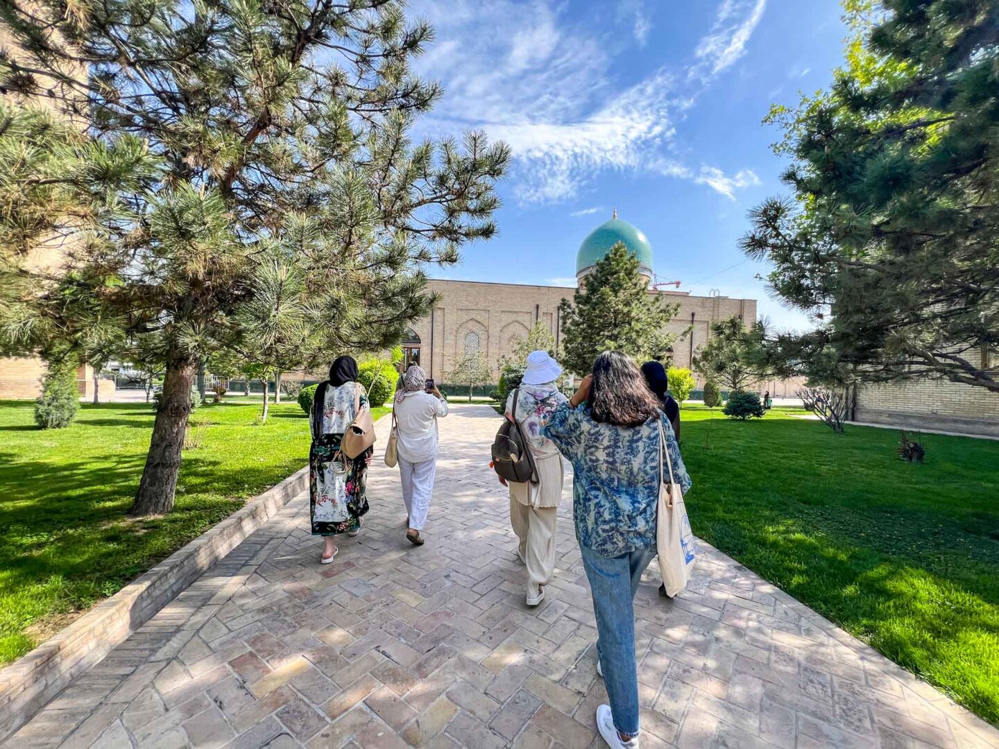 The Wandering Quinn Travel Blog halal travel in Uzbekistan,  group of ladies in Tashkent mosque complex