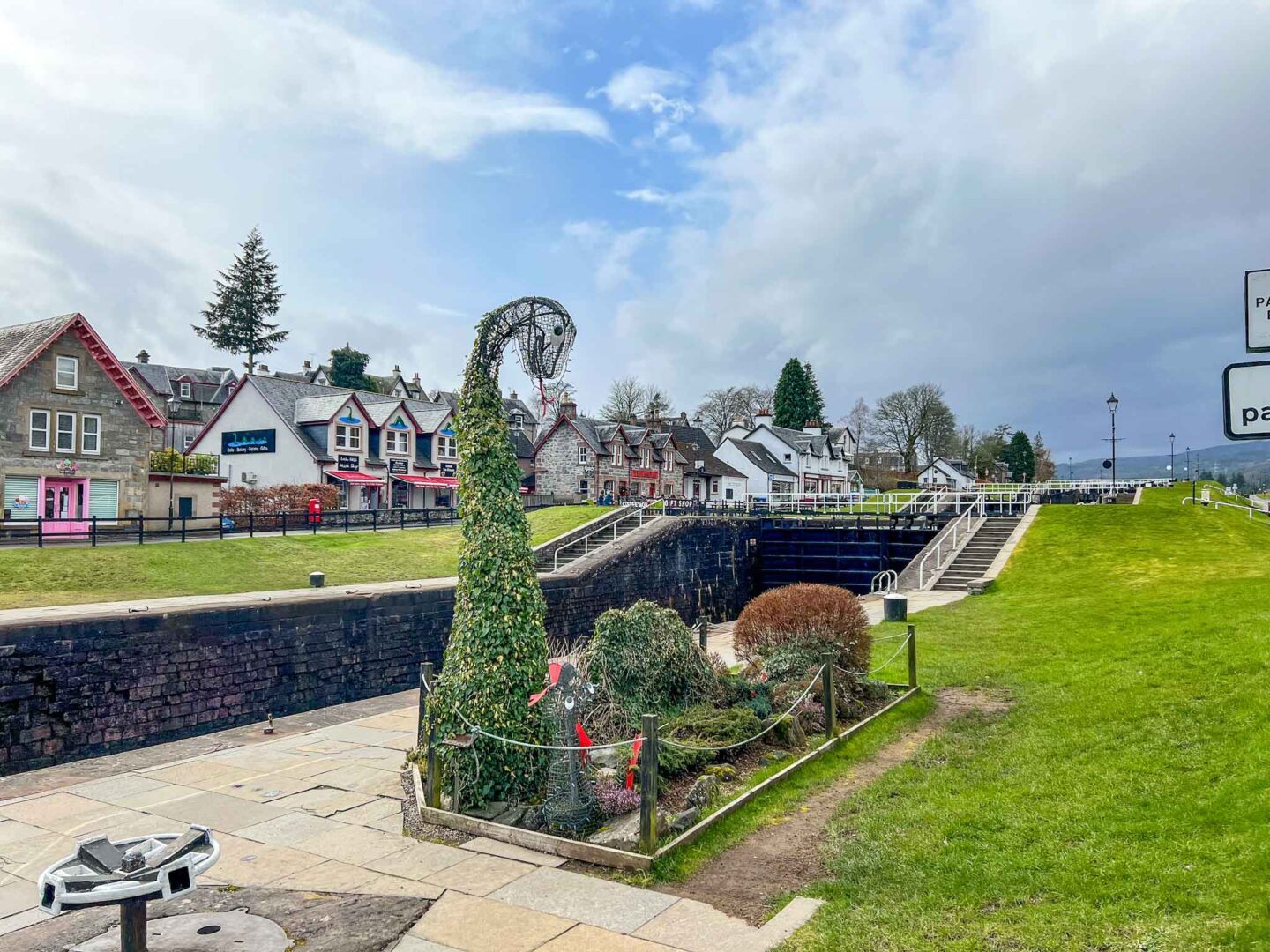 5 day Scotland itinerary, Fort Augustus with Nessie shaped grass