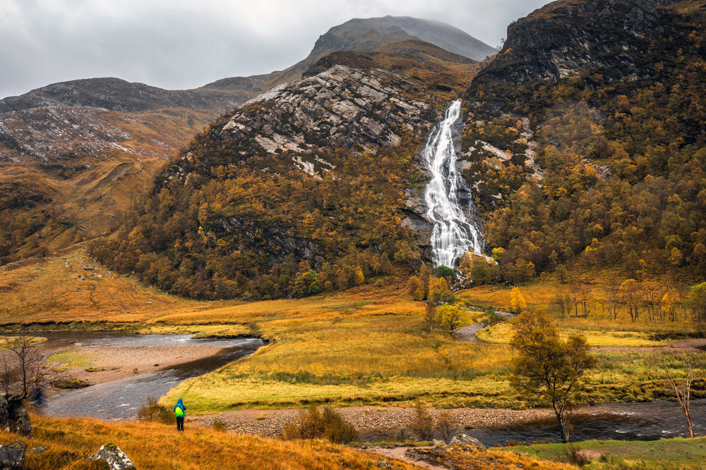 best countries to visit in October, Scotland waterfall and field in October autumn colours