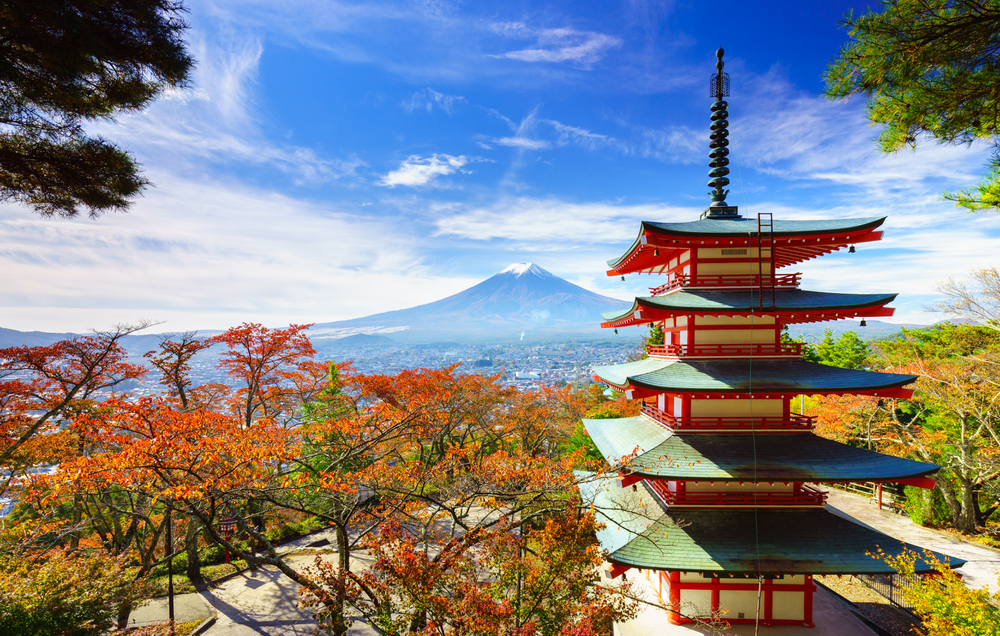 best countries to visit in October, Shrine and Mt Fuji with Autumn colours
