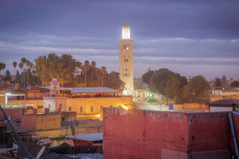 Marrakesh mosque in evening, best countries to visit in November