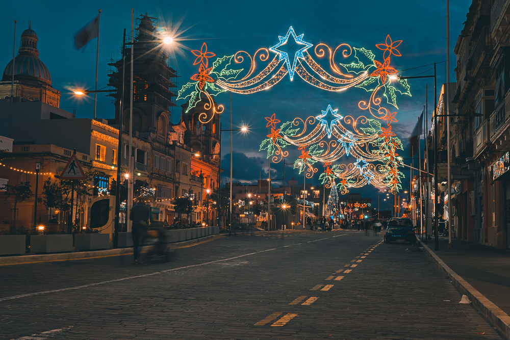 Christmas street lights in Malta in December, warm places to visit in December in Europe