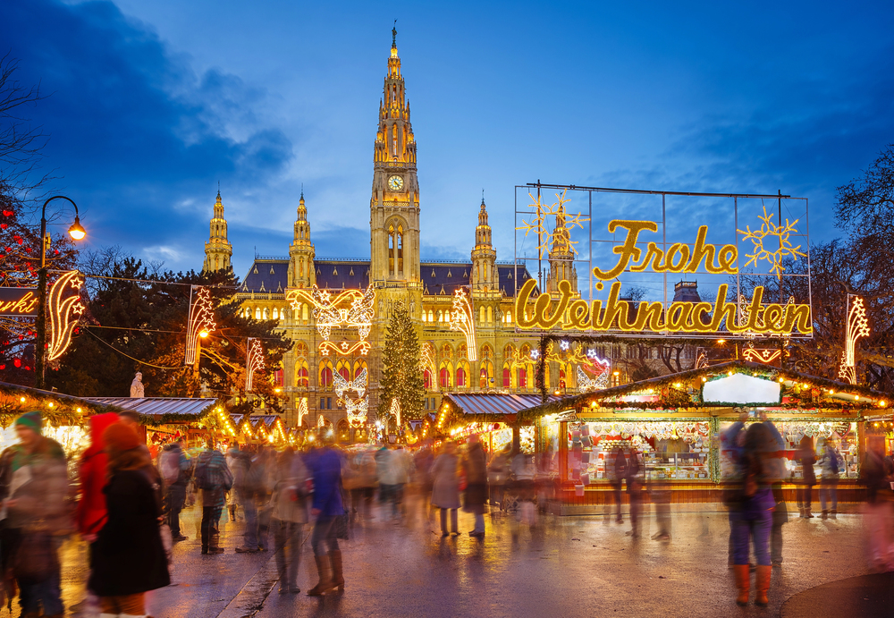 Austria Christmas market at night time, best countries to visit in December,
