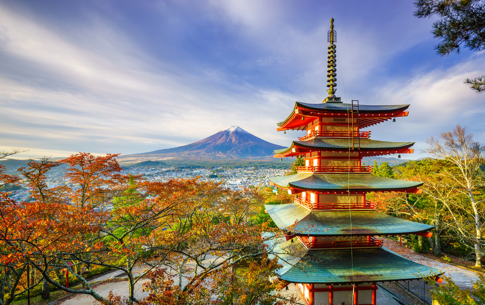 Japan temple view with Mount Fuji, best places to visit in Asia in November,