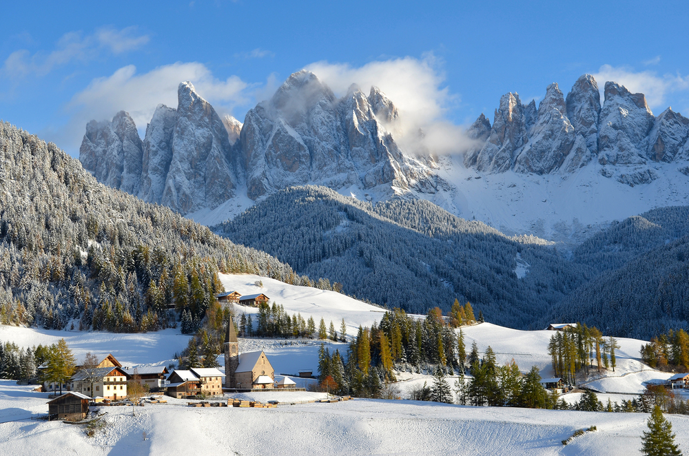 Snow in Dolomites Village and mountains Italy, best countries to visit in January