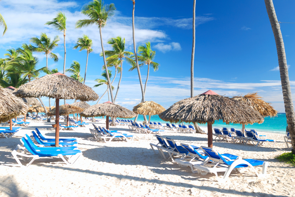 Sun beds on beach in Dominican Republic, best countries to visit in January